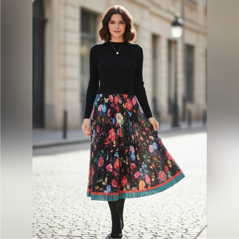 Dalia MacPhee Mixed Media Sweater Dress Small Boho Floral Chic Quiet Luxury NEW